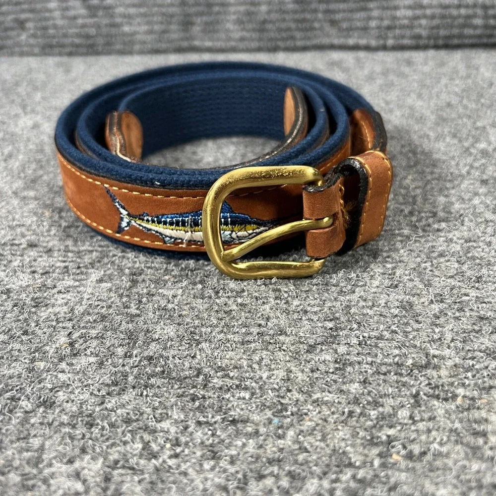 Zep Pro Belt Mens 42 Brown Leather Blue Knit Marlin Embroidered